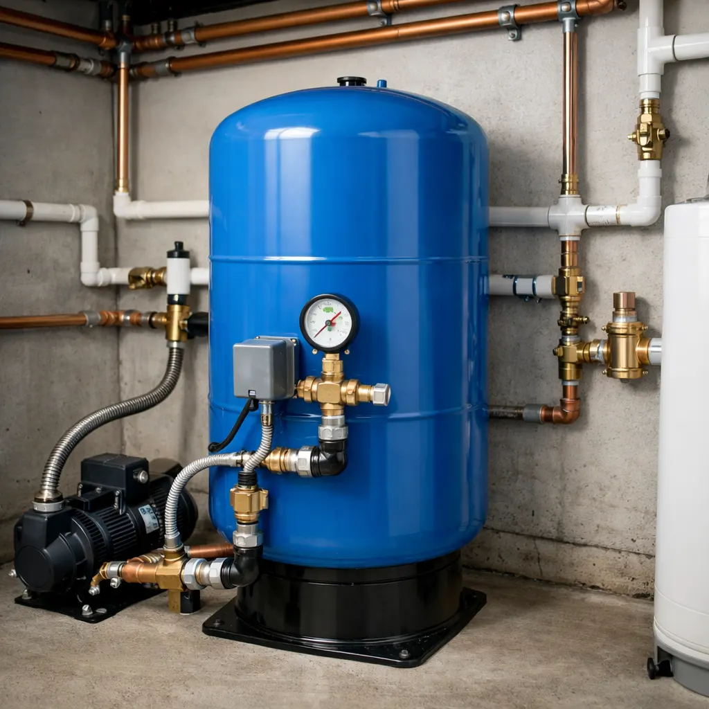 Residential well pressure tank installation connected to clean home plumbing system in utility room